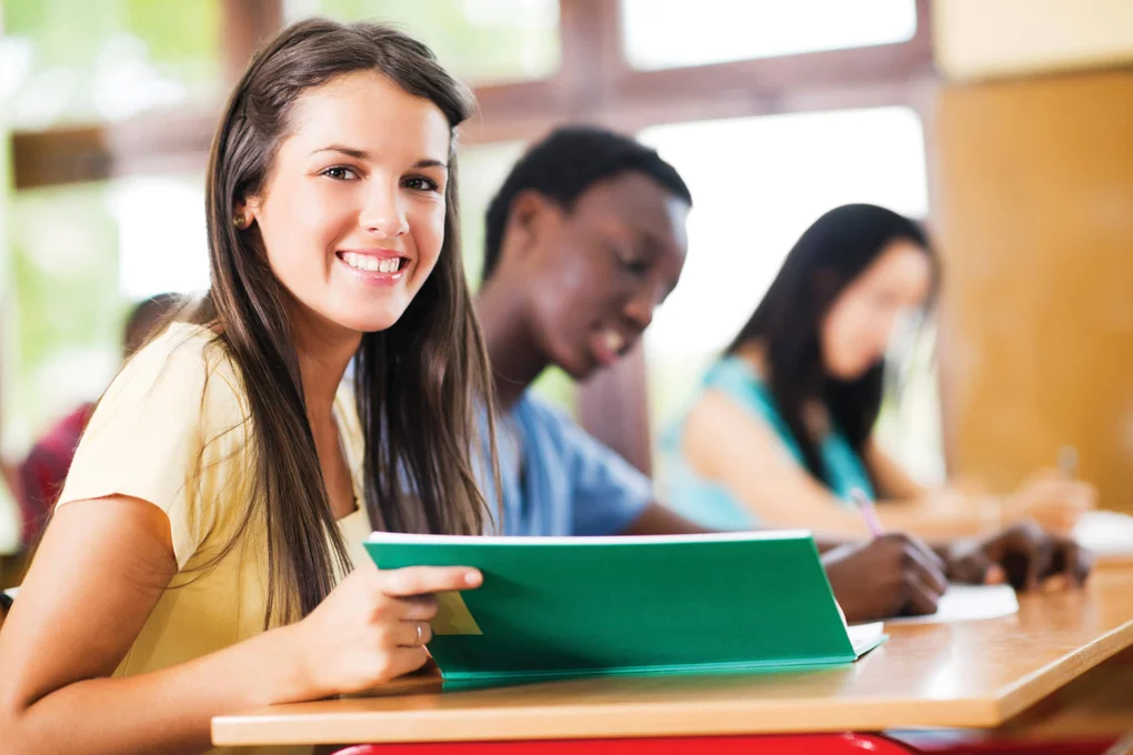 Students reviewing notes and studying.