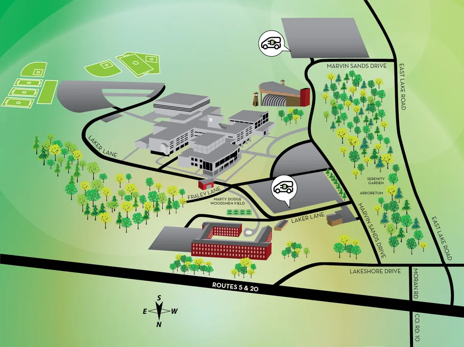 Map of the location of electric vehicle charging stations at FLCC Canandaigua campus in G-Lot.