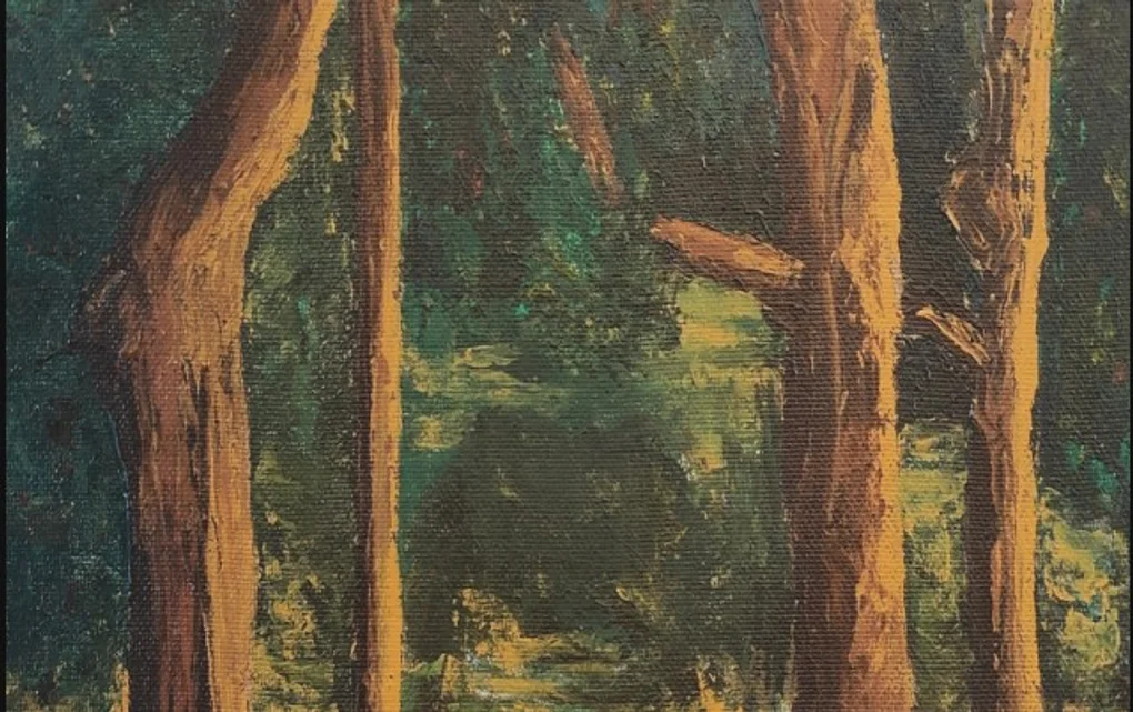 Section of a painting showing tree trunks and greenery