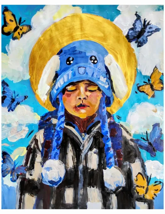 Image of a girl in a blue knit hat with butterflies around her