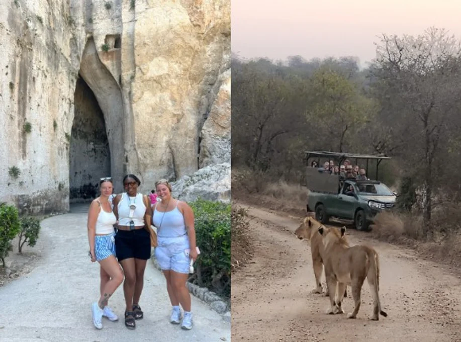 Side by side photos of 3 students in front of an ancient building and students in a jeep observing lions in the wild