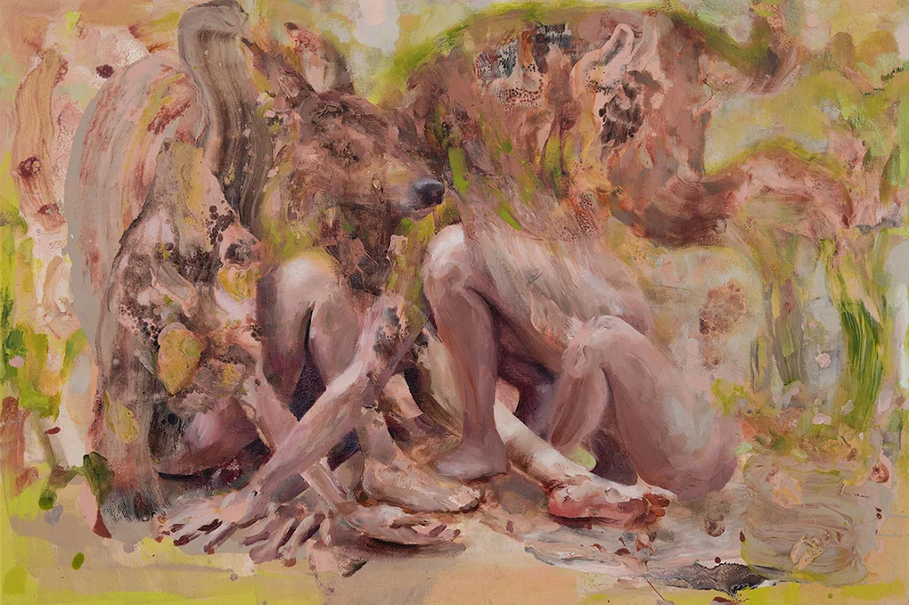 Abstract painting showing human forms with blurred torsos and faces