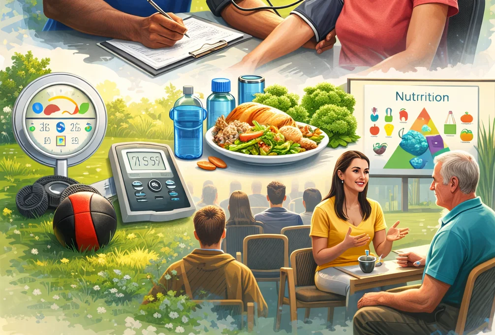 Wellness related images including a plate of food, sports equipment, fitness tracker, individuals getting blood pressure check and nutrition consultation