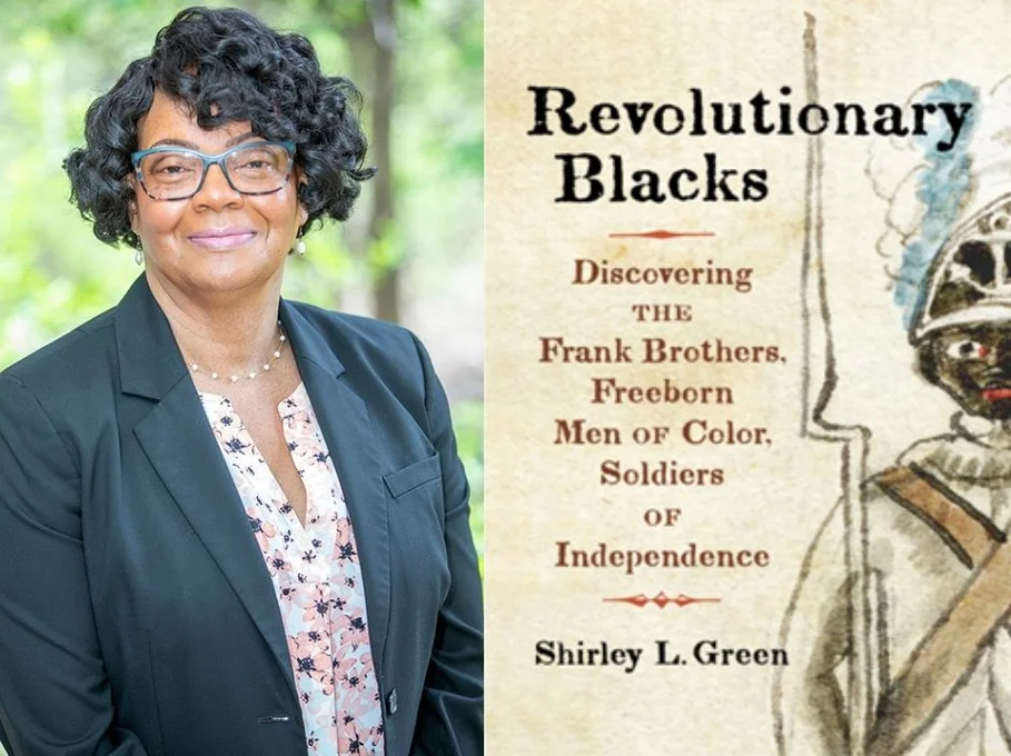 A head and shoulders photo of a woman next to the cover of her book 