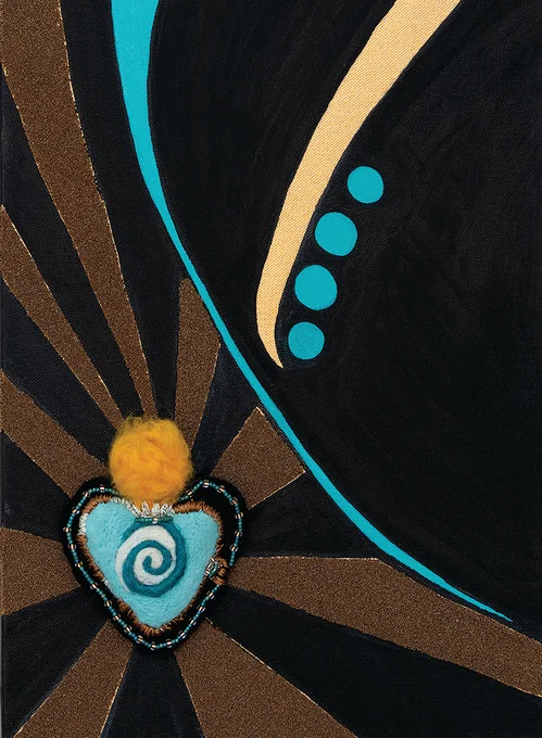 Abstract design with golden rays and a blue heart
