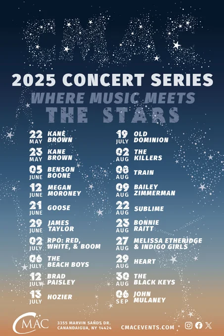 Official poster for the 2025 CMAC concert series.