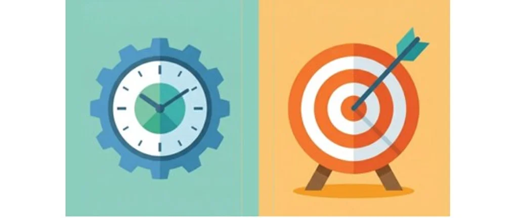 Graphic with clock next to bull's eye with arrow in center