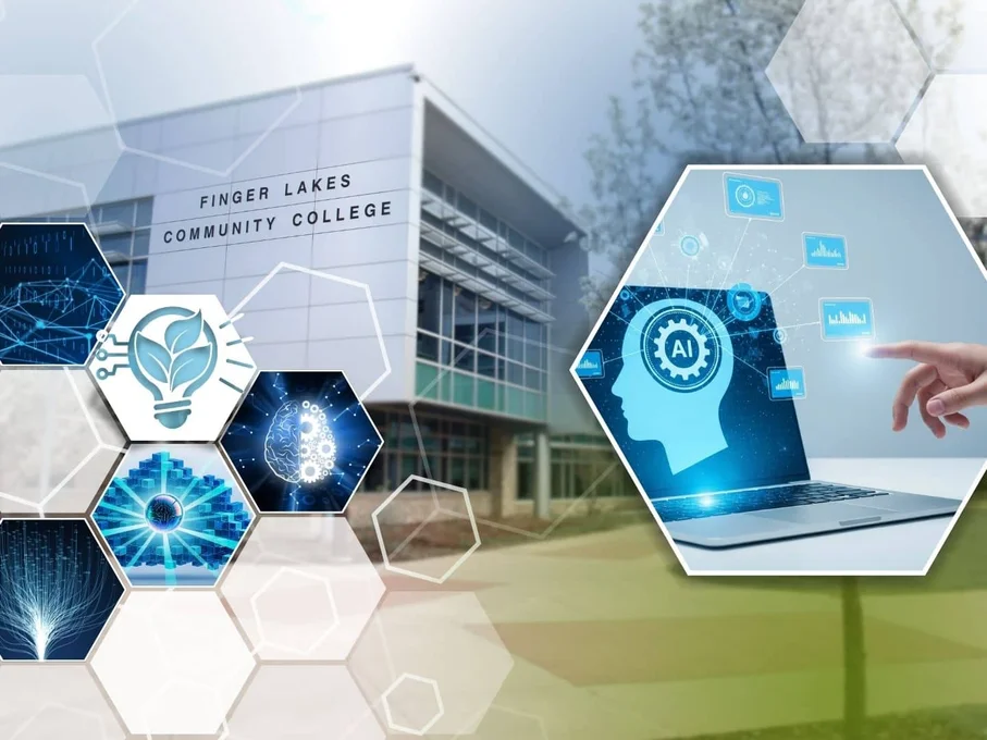 Graphic showing building in background and lightbulb, brain icons in foreground