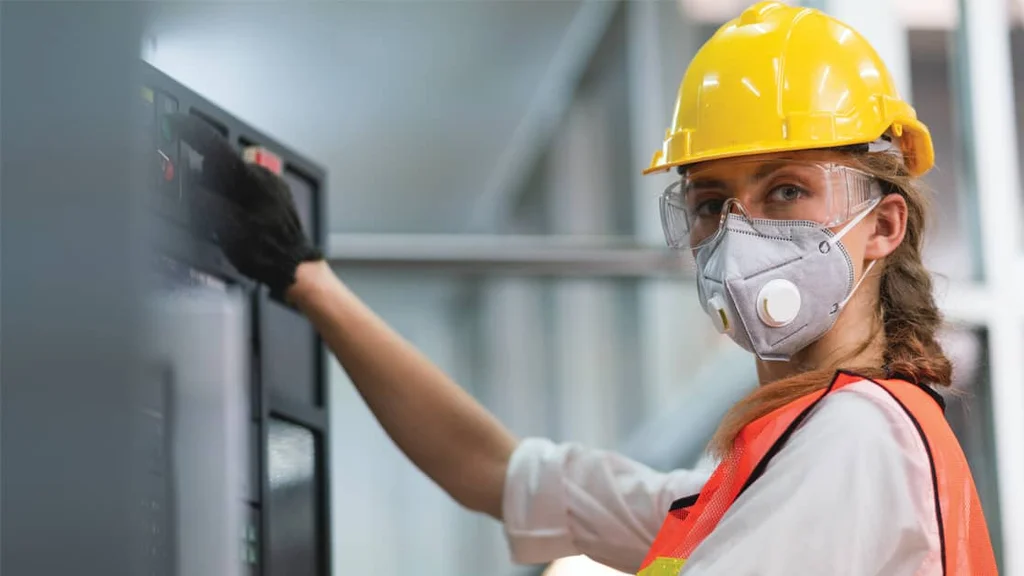 A person in an orange safety vest and hard hat operating manufacturing equipment.