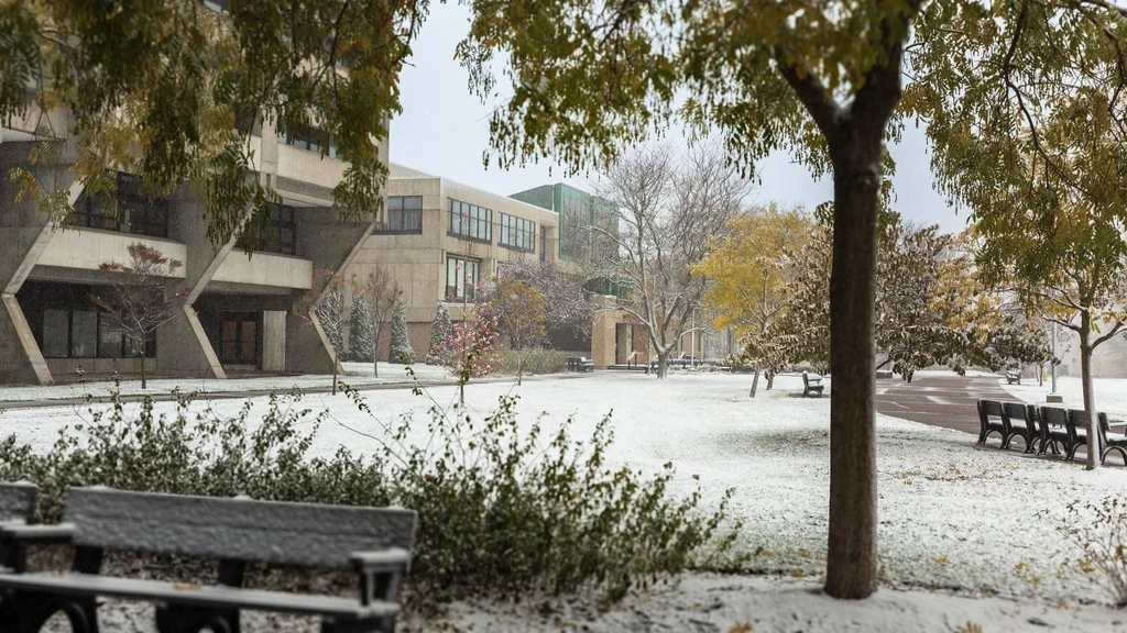FLCC campus in the winter with snow falling onto trees with fall leaves.