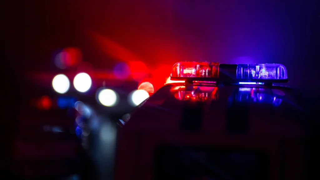 Red and blue police lights shine against a dark, blurred background at the scene of an accident.
