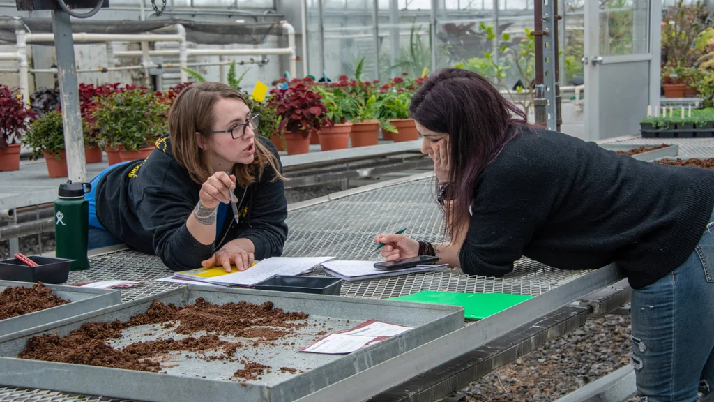Two Horticulture students review course materials together while leaning on a grated metal shelf in the FLCC greenhouse.