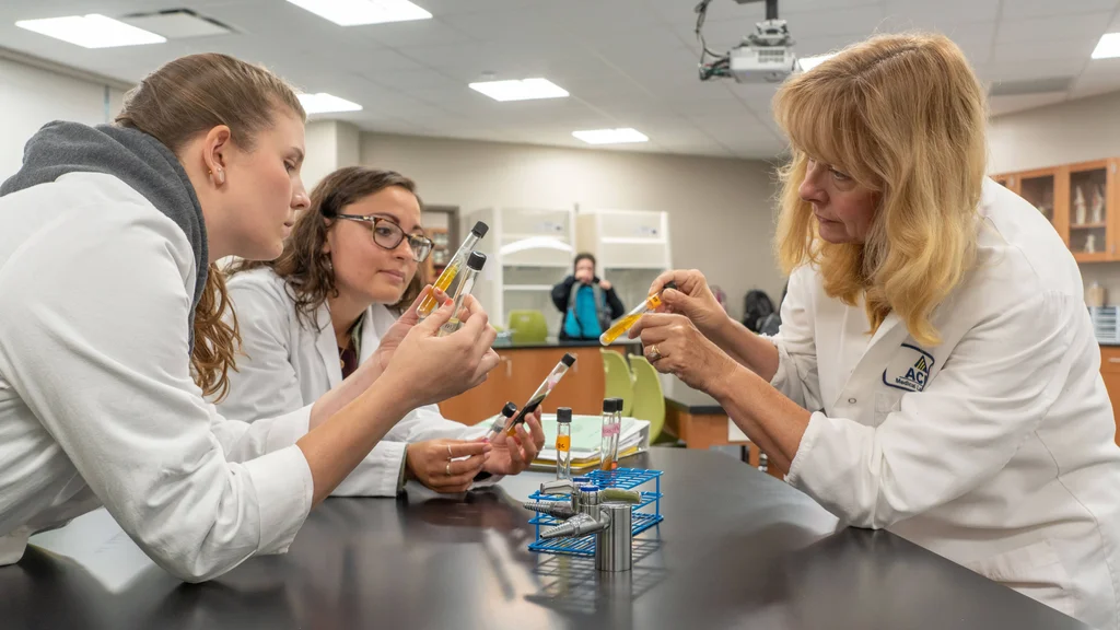 Two Liberal Arts and Sciences students and an instructor study chemical compounds together during a lab session.