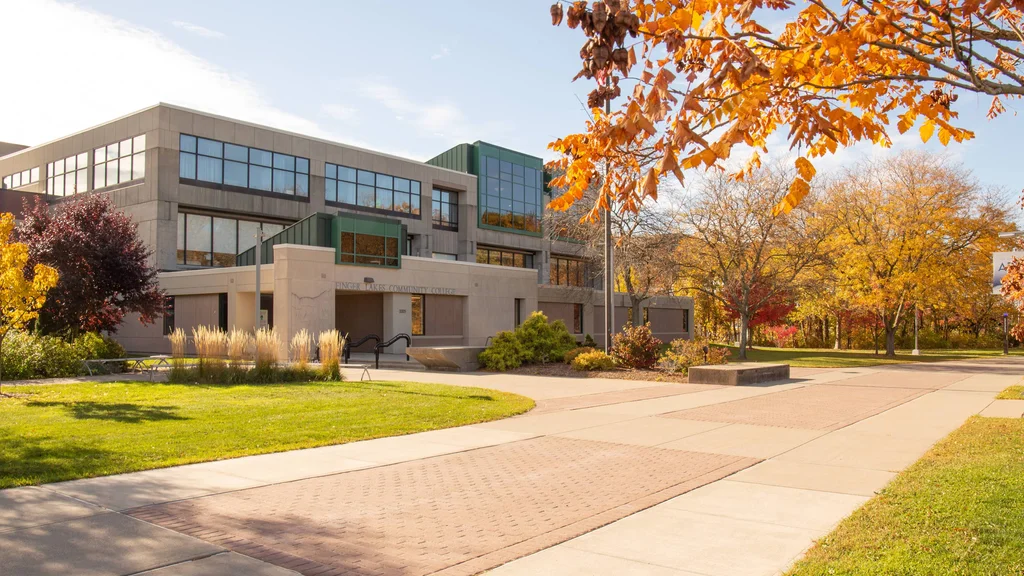 Main Campus building and trees in the fall at Finger Lakes Community College in Canandaigua, New York.