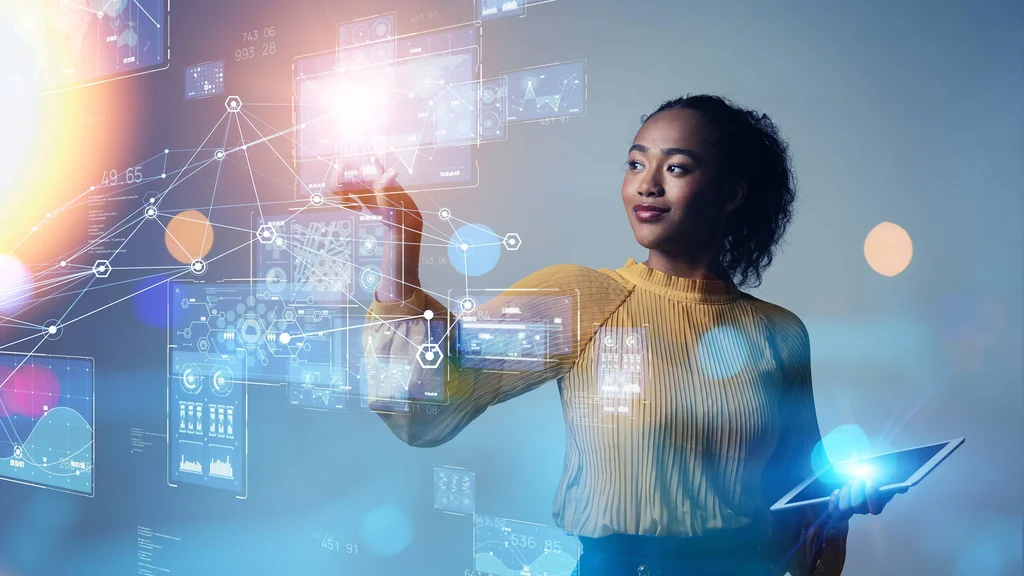AI user interacting with technology to unlock new achievements.