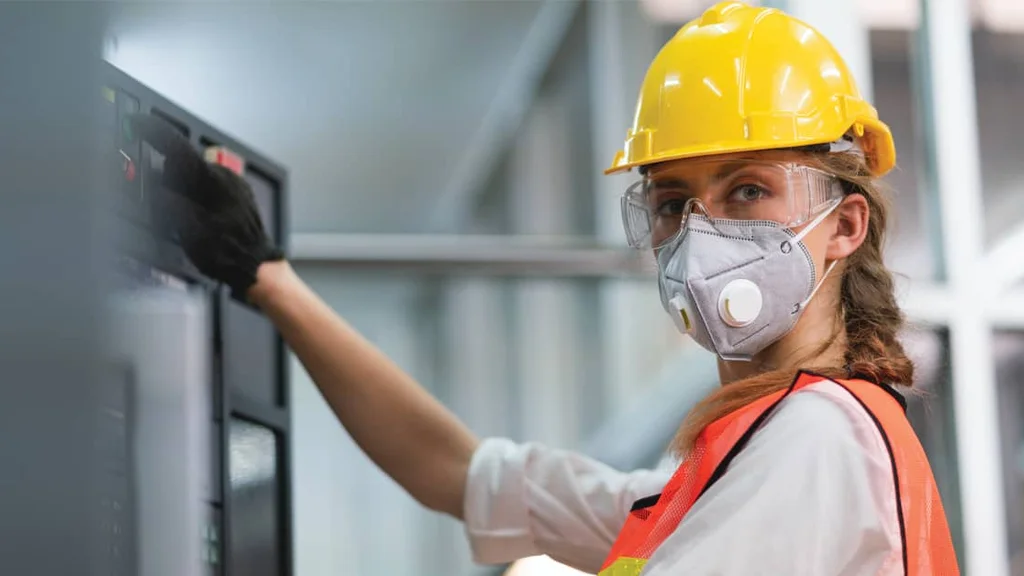 A person in an orange safety vest and hard hat operating manufacturing equipment.