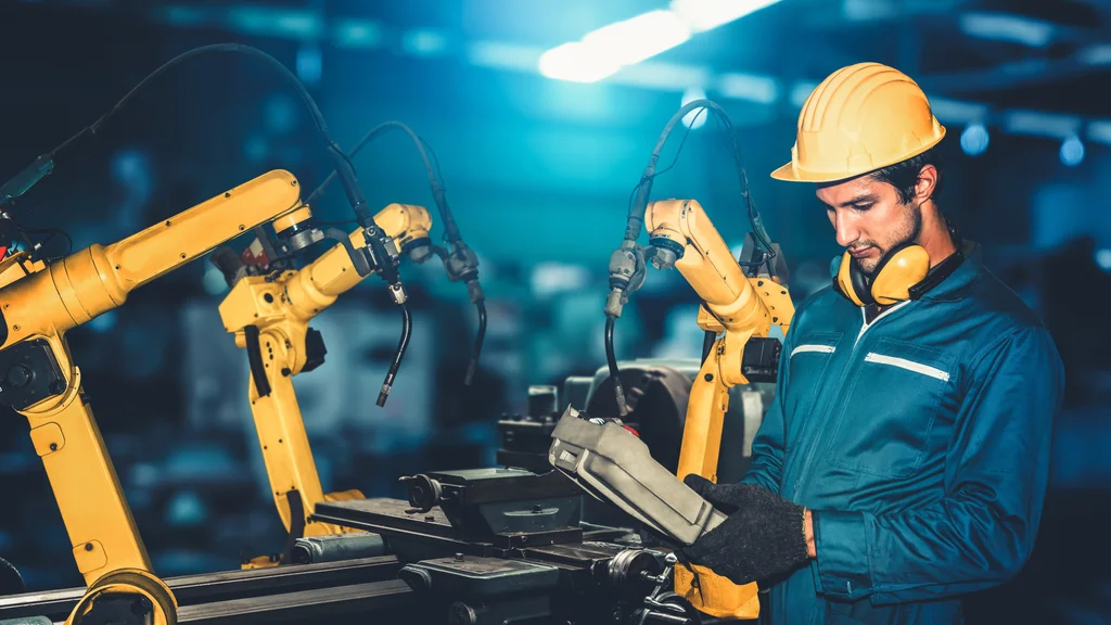An employee works with robotics in a high-tech factory.