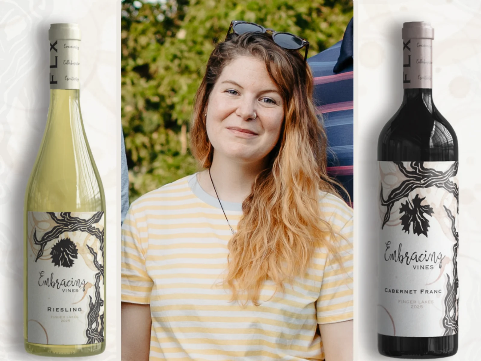 A photo of Lauren Turner between two of her wine label designs for FLCC's wine label competition