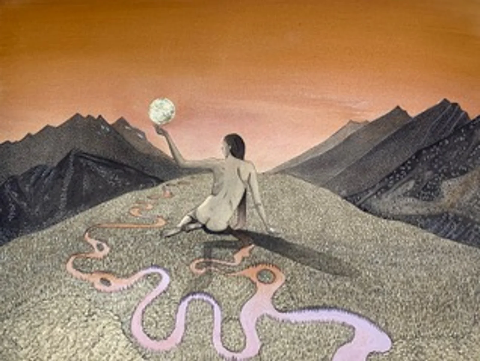 A painting of a naked women, seen from the back, sitting in a mountainous terrain and holding an orb of light