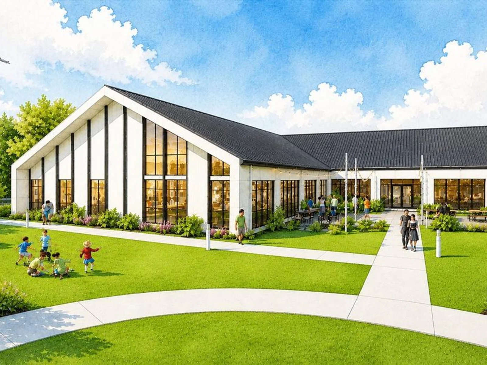 Artists rendering of an L-shaped building with lawn and sidewalks in front