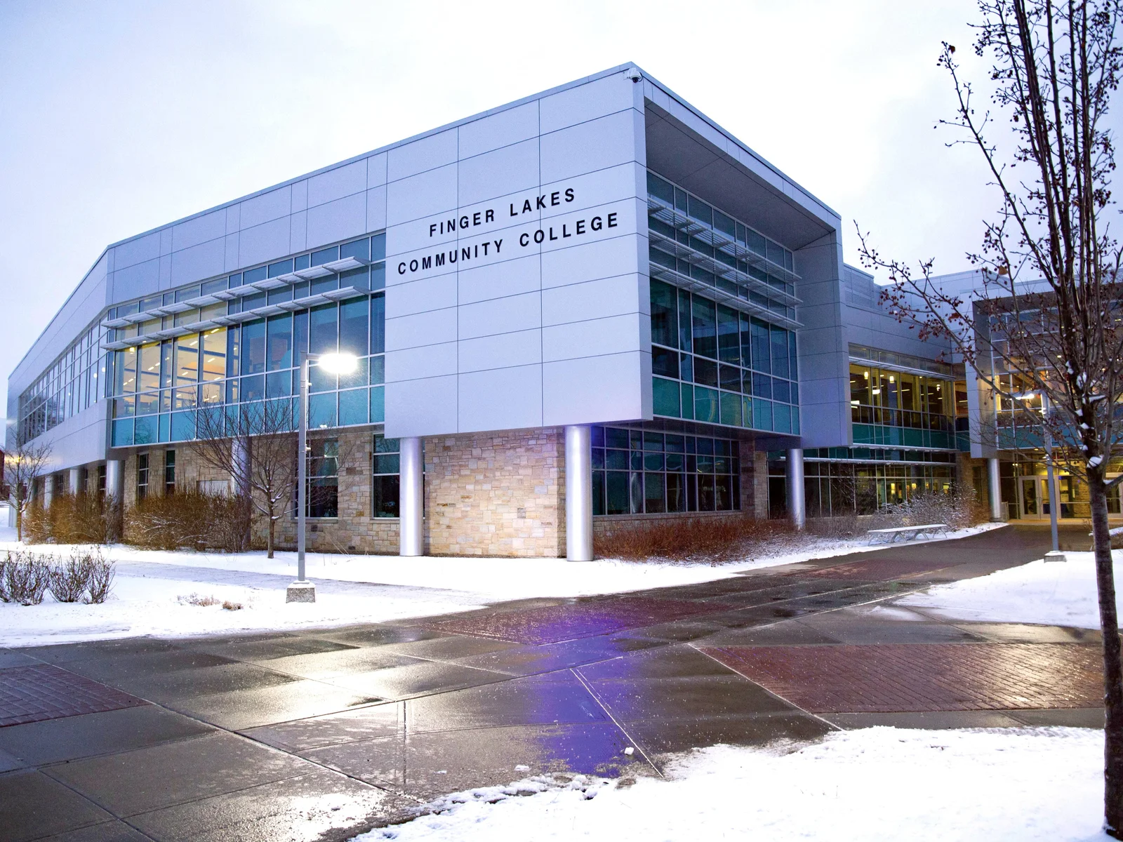 Finger Lakes Community College - front of main building with snow on ground