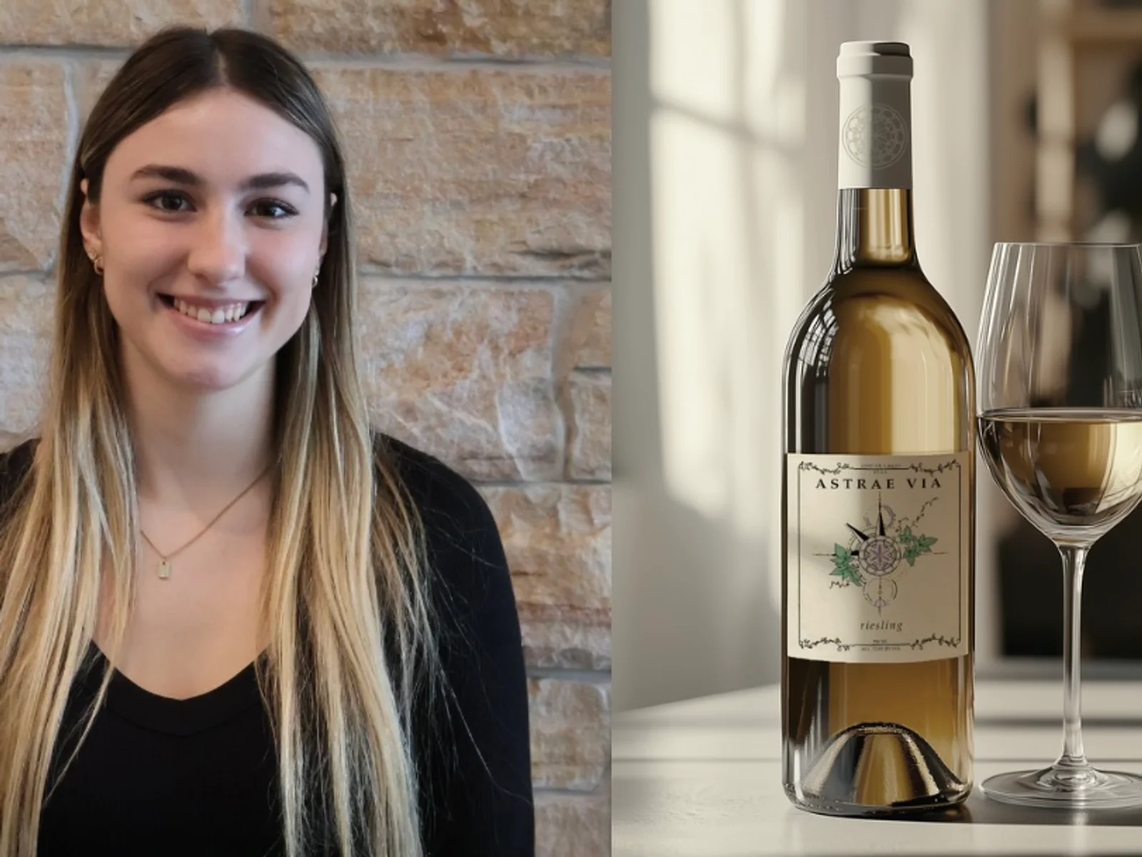 Wine label winner, Alexis Ecker, alongside a wine bottle mockup of the winning design, Astrae Via