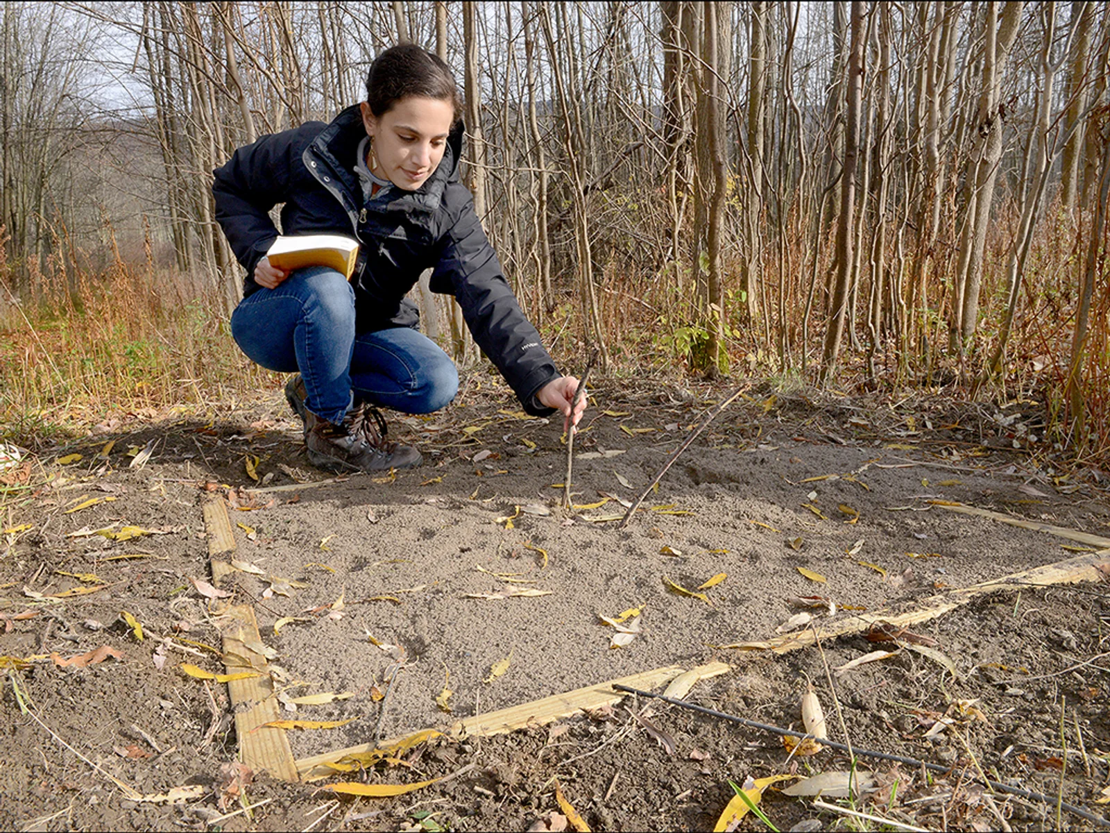 Woman bending over a shallow sandbox