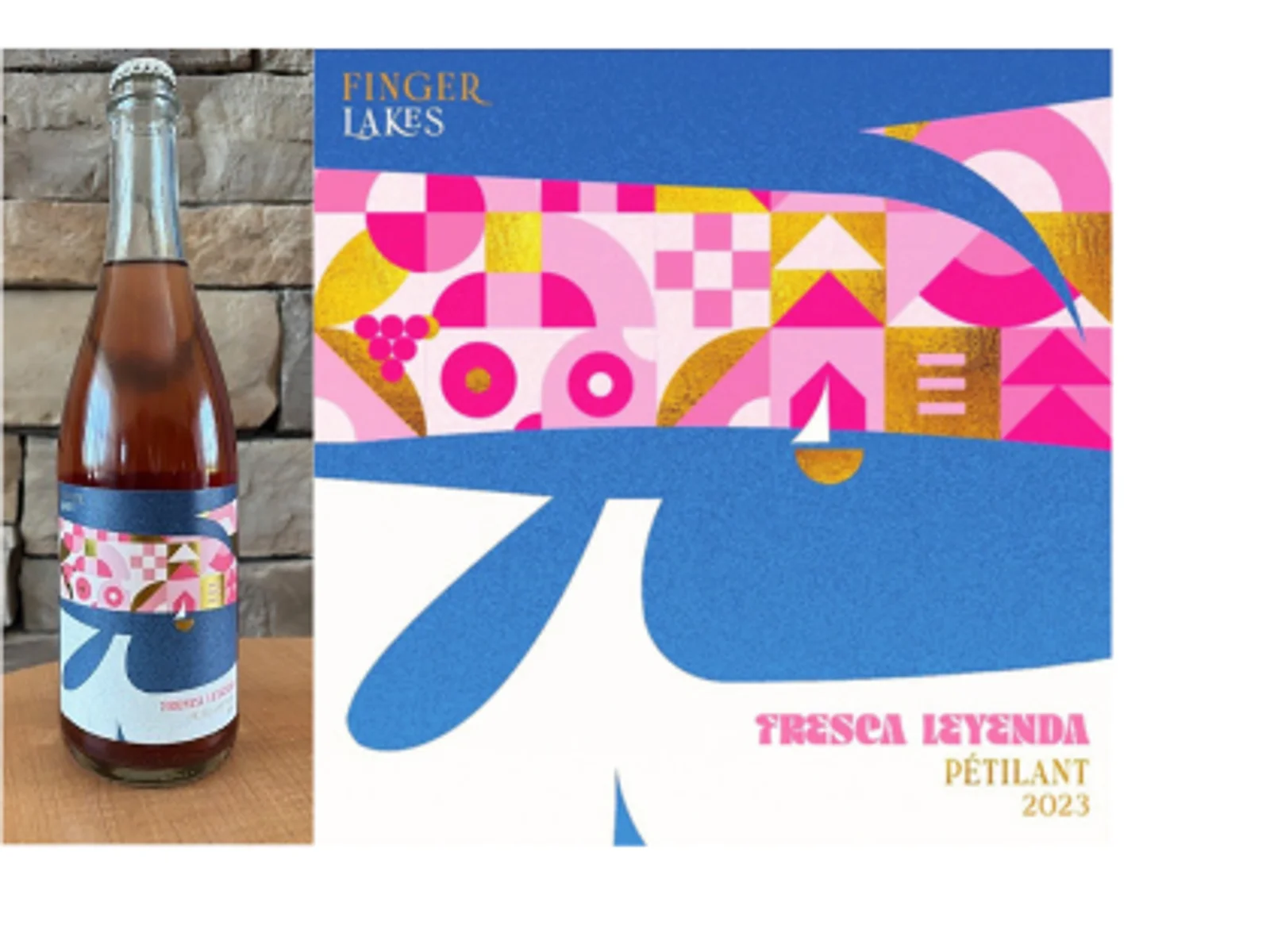 Wine bottle next to enlarged image of wine label