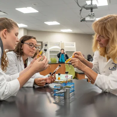 Two Liberal Arts and Sciences students and an instructor study chemical compounds together during a lab session.