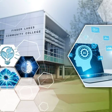 Graphic showing building in background and lightbulb, brain icons in foreground