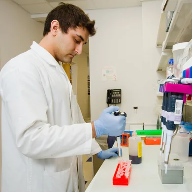 A career training participant in medical lab coat pouring liquid into vials.