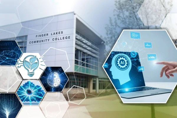 Graphic showing building in background and lightbulb, brain icons in foreground