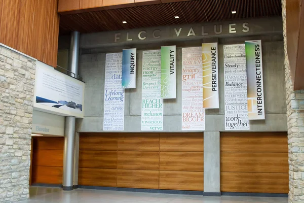 FLCC Values banners in the atrium on Main Campus.