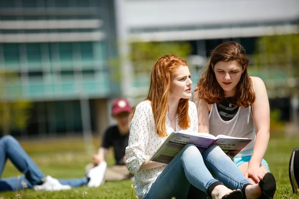 Two young women read from a college textbook together while lounging in the grass on a bright and sunny campus lawn.