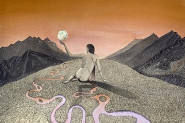 A painting of a naked women, seen from the back, sitting in a mountainous terrain and holding an orb of light