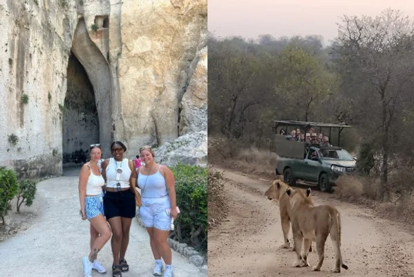 Side by side photos of 3 students in front of an ancient building and students in a jeep observing lions in the wild