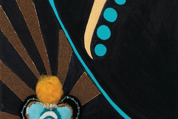 Abstract design with golden rays and a blue heart