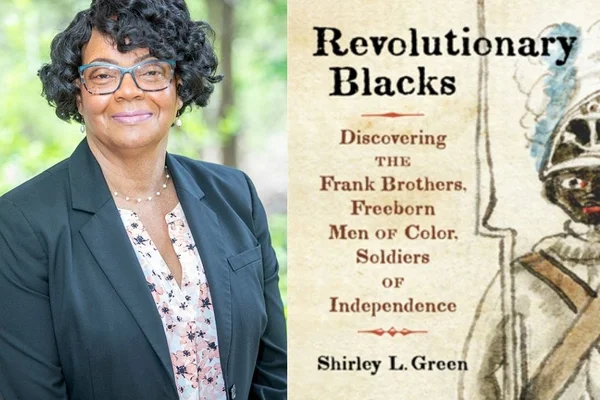 A head and shoulders photo of a woman next to the cover of her book 