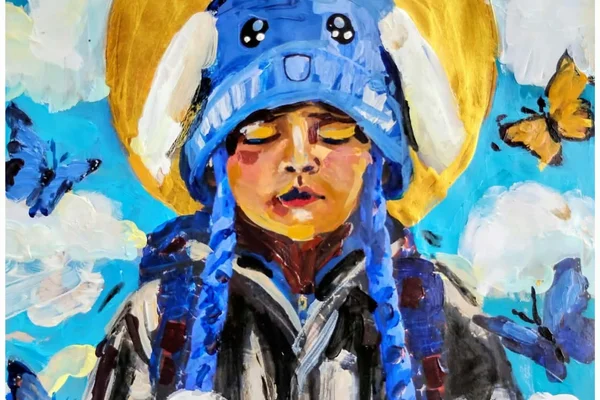 Image of a girl in a blue knit hat with butterflies around her