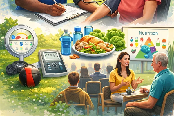 Wellness related images including a plate of food, sports equipment, fitness tracker, individuals getting blood pressure check and nutrition consultation