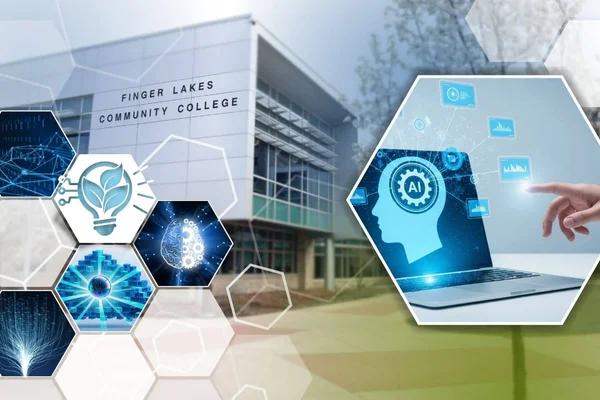 Graphic showing building in background and lightbulb, brain icons in foreground