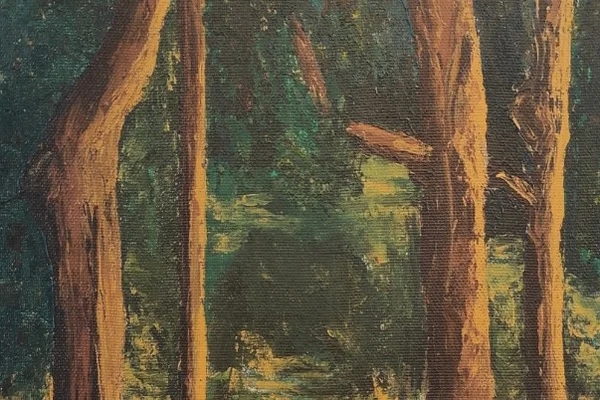 Section of a painting showing tree trunks and greenery