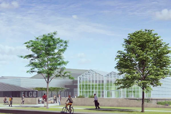 Artists rendering of building with attached greenhouse