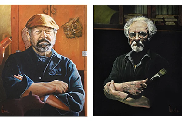 side-by-side oil paintings of two men