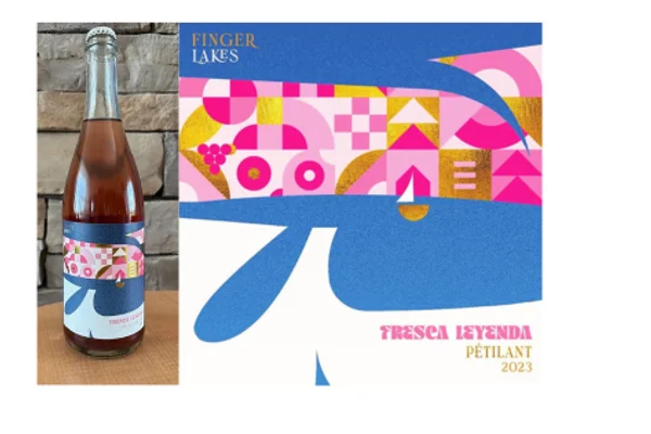 Wine bottle next to enlarged image of wine label