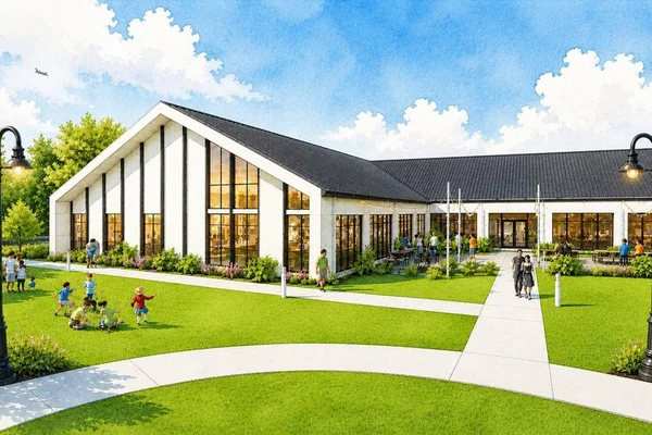Artists rendering of an L-shaped building with lawn and sidewalks in front