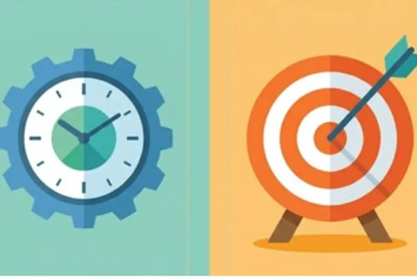 Graphic with clock next to bull's eye with arrow in center