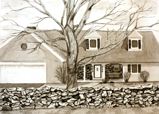 Pen and ink drawing of a house with a tree and stone wall