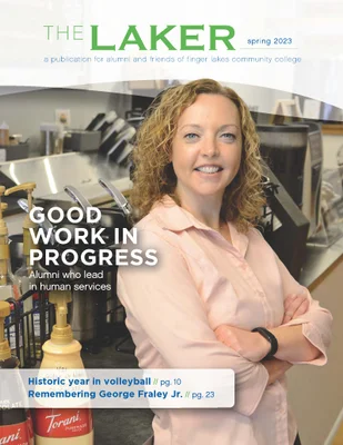 Cover of Laker Magazine showing woman posing at coffee shop counter