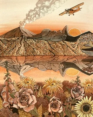A painting showing a smoking volcano and airplane above a nude woman lying in the foreground reflected in an mirror image below with a row of blooming flowers at the bottom